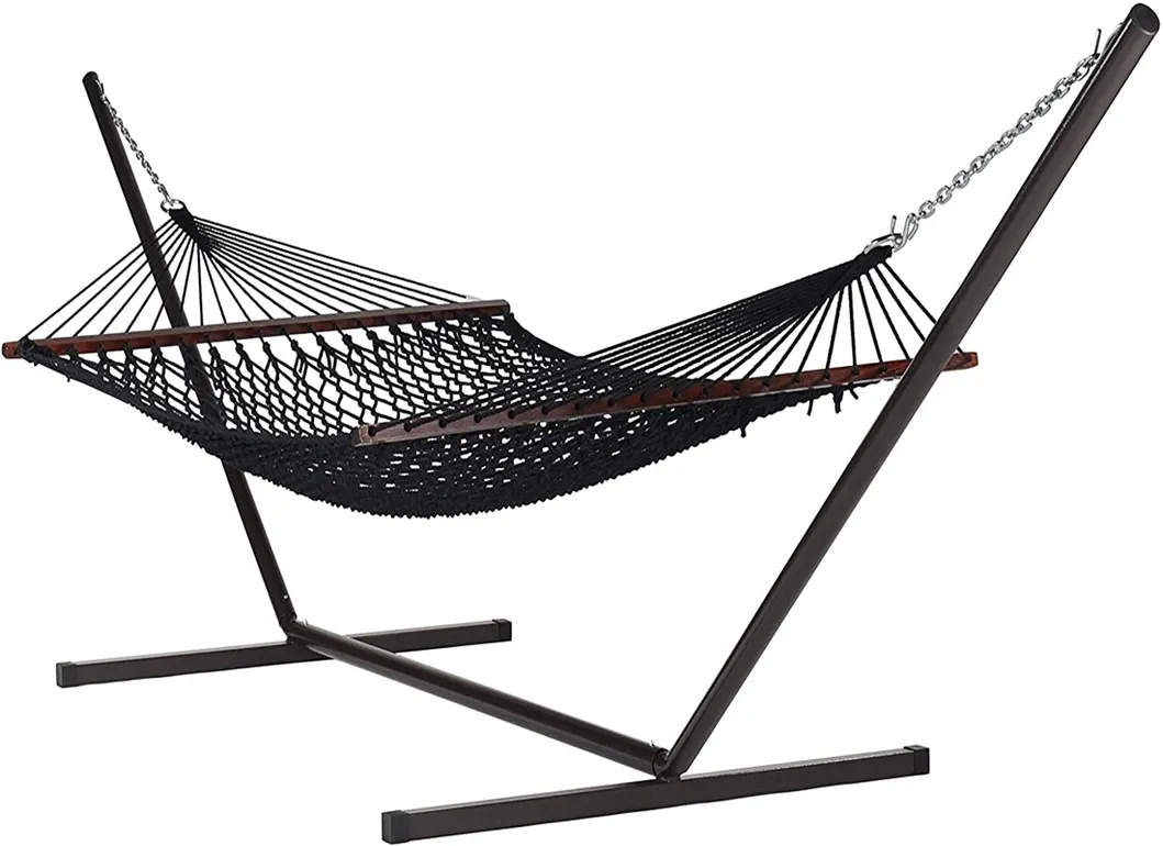 15FT Steel Tribeam Stand with Double Soft-Spun Polyester Rope Hammock Black