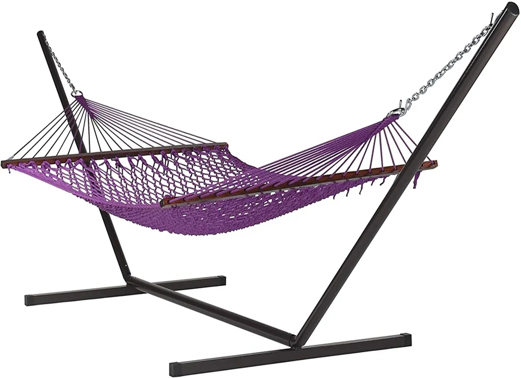 15FT Steel Tribeam Stand with Double Soft-Spun Polyester Rope Hammock Purple