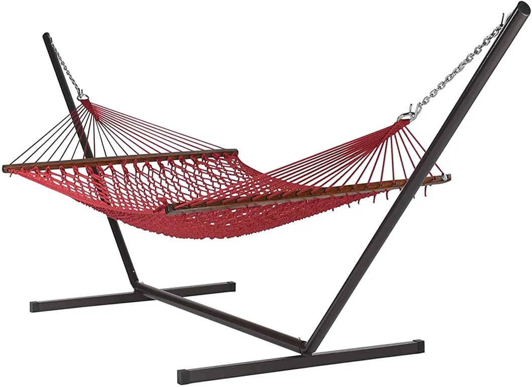 15FT Steel Tribeam Stand with Double Soft-Spun Polyester Rope Hammock Red