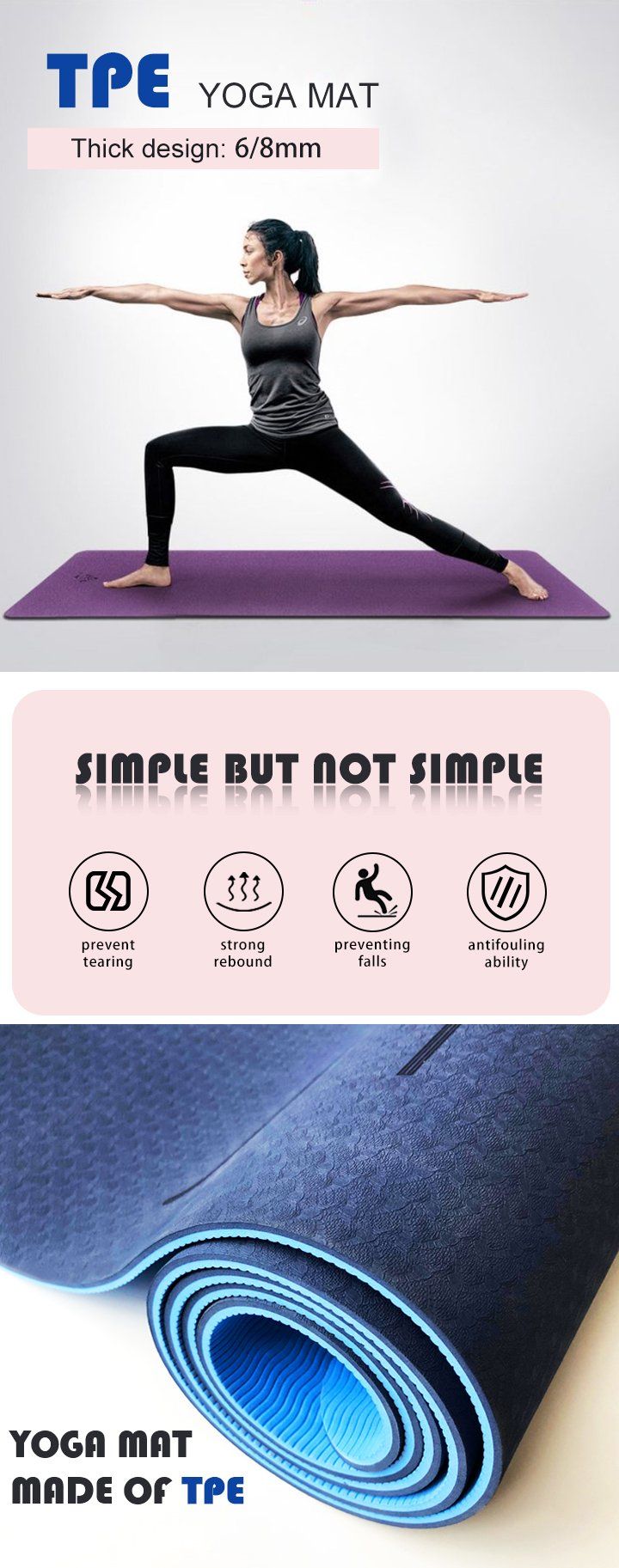 Durable 8mm Thickness Yoga Mat with Alignment Lines Free Carrying Strap Non Slip TPE Surface for Women Men for Pilates Fitness Home Exercise