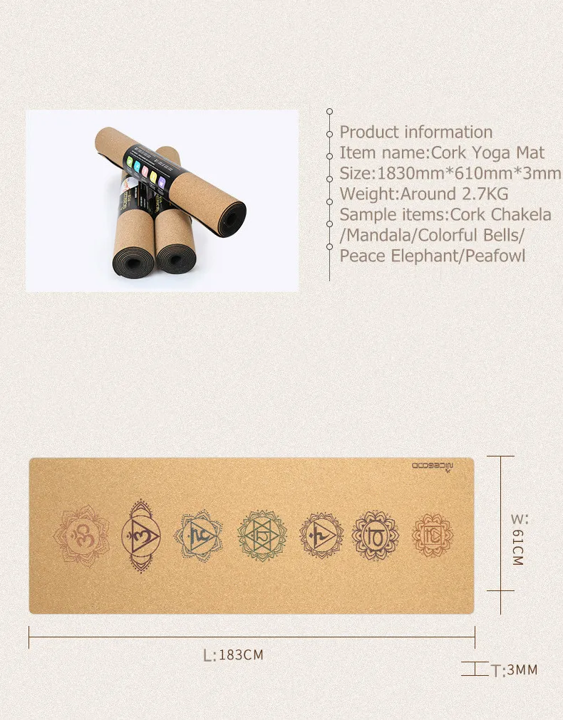 Eco Friendly Chakra Natural Rubber Cork Yoga Mat