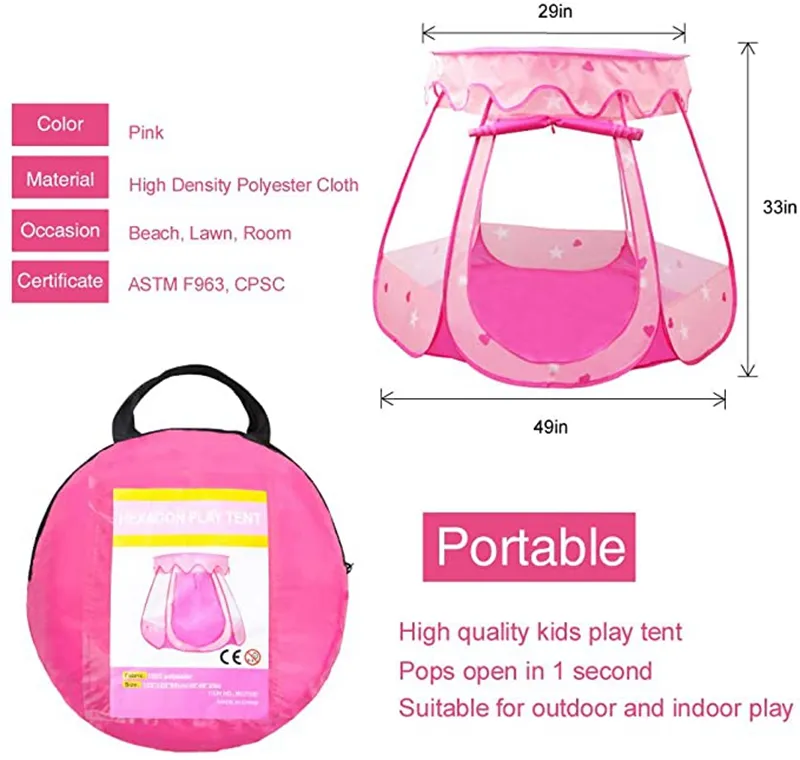 Foldable and Portable Princess Castle Pop up Play Tent House Ball Pit Pink Indoor & Outdoor Toddler Playhouse